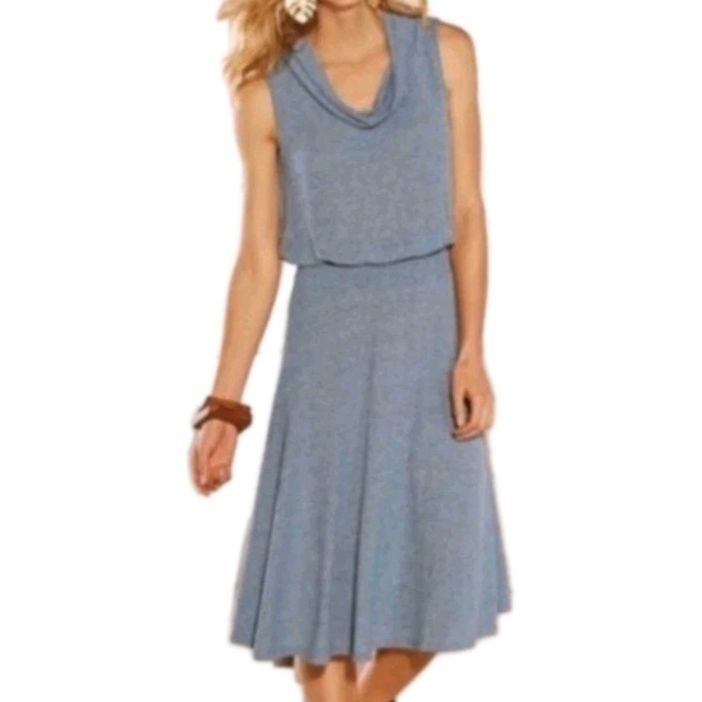 Soft Surroundings Kerry Dress Sleeveless Cowl Neck Smocked Waist Blue Size L